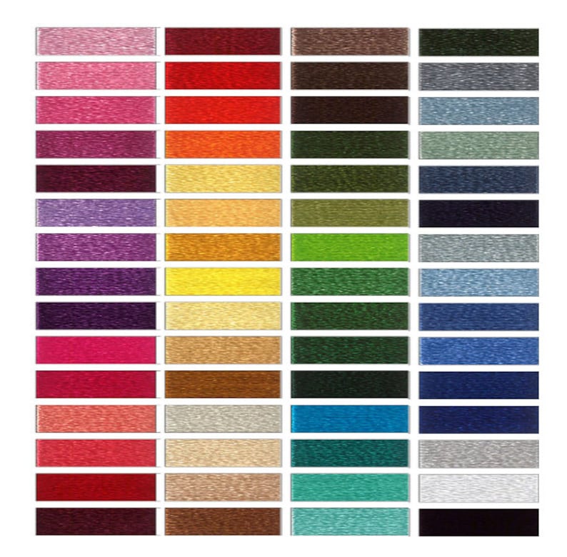 Puede incluir: Una carta de colores con 36 tonos diferentes de hilo. Los colores est&aacute;n dispuestos en tres columnas, con 12 colores en cada columna. Los colores incluyen rosa, rojo, naranja, amarillo, verde, azul, morado y marr&oacute;n.