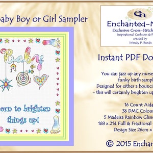 Funky Baby Sampler Boy or Girl Birth Announcement Cross Stitch PDF // Cross Stitch Pattern // Instant Download // Cross Stitch PDF