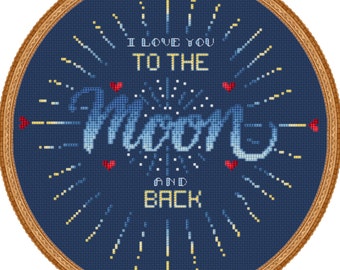 Moon Cross Stitch// Typography // Love You // Cross Stitch PDF DMC Chart // Cross Stitch Pattern // Instant Download // Cross Stitch PDF