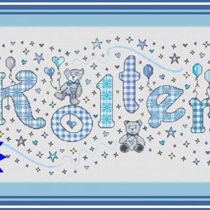 Op maat gemaakte PDF-kaart // Grijze teddybeer // kruissteek naam teddybeer // naambordje // blauwe ballon jongens gepersonaliseerde kruissteeknaam