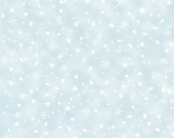 May include: A seamless pattern of white snowflakes on a light blue background. The snowflakes are scattered randomly across the surface, creating a delicate and festive design.
