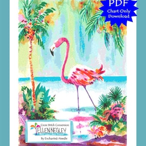 May include: A watercolor cross-stitch pattern featuring a pink flamingo standing in shallow water, with palm trees and tropical foliage. The image includes the text "PDF Chart Only Download" and the designer's name, "Ellen Negley."