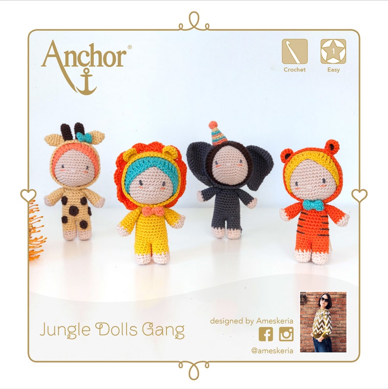 May include: Crochet pattern for four adorable jungle animal dolls: a giraffe, lion, elephant, and tiger. The pattern is easy to follow and includes instructions for making each doll. The dolls are dressed in colorful outfits and have cute faces. The pattern is designed by Ameskeria and is available on Etsy.