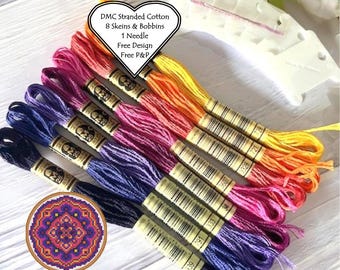 DMC Stranded Cotton // 8 Skeins Bohemian //DMC Threads // Cross Stitch Floss // Embroidery Threads / Free Mandala Pattern / DMC Starter Pack