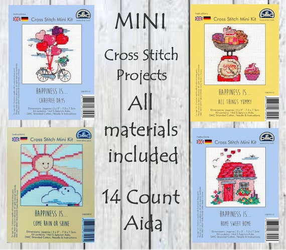 DMC // Mini Cross Stitch // Happiness is . Cross Stitch // Home Sweet  Home // Yummy // Rain or Shine // Small Beginners Cross Stitch Kits 