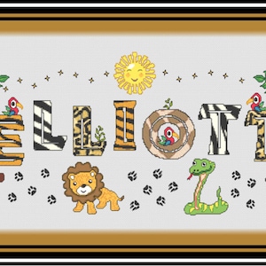 PDF Safari Jungle Boys Nameplate Sampler// Name Cross Stitch // PDF Name Sampler // Personalized Wild Animals Cross Stitch Nameplate Sampler