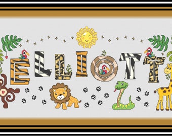 PDF Safari Jungle Boys Nameplate Sampler// Name Cross Stitch // PDF Name Sampler // Personalized Wild Animals Cross Stitch Nameplate Sampler