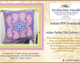 Indian Ethnic Paisley Tile Cross Stitch Cushion Colour PDF Pattern // Cross Stitch Pattern // Instant Download // Cross Stitch PDF
