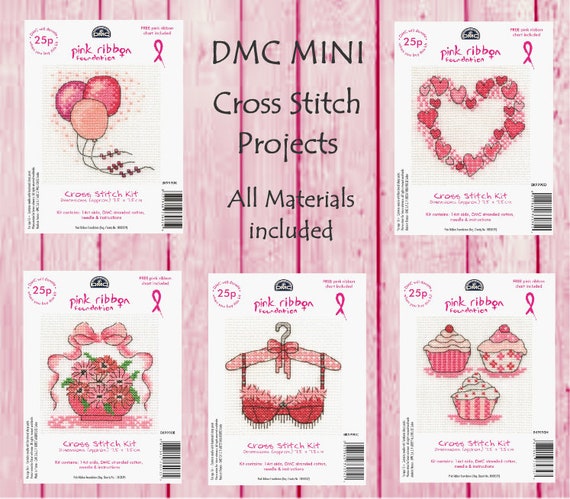 DMC // Mini Cross Stitch Kits // Pink Ribbon Foundation Cross Stitch // Bra  // Cupcakes // Balloons / Flowers // Heart Wreath // Pink Sewing 