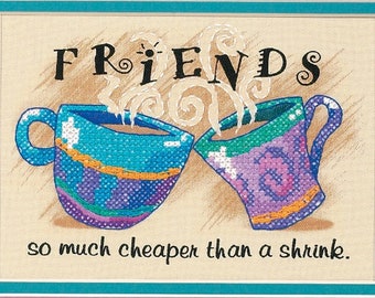 Friends Cross Stitch Kit // Cheaper than a shrink // Dimensions Stamped Cross Stitch // Complete Cross Stitch Kit // Coffee and friends //