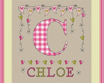 Girls Gingham Bunting Monogram // Letter C // Personalized Alphabet Sampler PDF // Cross Stitch Pattern // Instant Download // PDF Chart