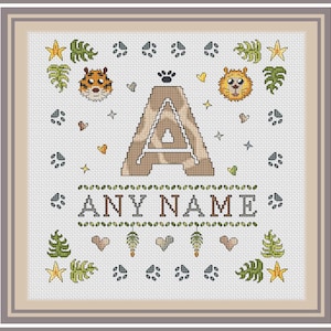 May include: A cross-stitch pattern featuring the letter A, surrounded by paw prints, hearts, stars, and tiger faces. The text "ANY NAME" is below the letter.