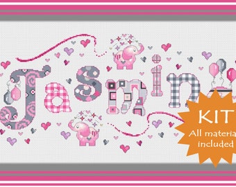 Cross Stitch Elephant Girls Name Sampler / Elephant Name Cross Stitch / Name Sampler / Balloons Girls Personalized Cross Stitch Name Sampler