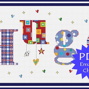 Solo gráfico en PDF // Muestra de nombre // Niño // Niño // Niño // Muestra de bebé // Anuncio de nacimiento // Placa de identificación de punto de cruz personalizada enviada por correo electrónico