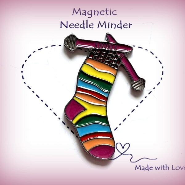 Knitting Sock Needle Minder // Enamel Knitted Sock // Magnetic Needle Minder // Knitting Needle Minder // Stripy Sock Needles Keeper