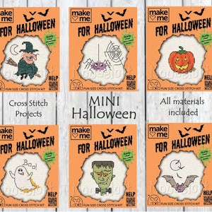 Mini Halloween Kreuzstich // Geist Kreuzstich / Kürbis / Spinne / Hexe Kreuzstich / Fledermaus Kreuzstich / Frankenstein / Mouseloft Anfänger Kit
