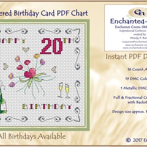 20e anniversaire carte PDF Cross Stitch Chart // Cross Stitch Pattern // Téléchargement instantané // Cross Stitch PDF // Birthday Card // PDF Pattern