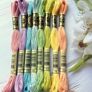 May include: Eight spools of DMC embroidery floss in pastel colors. The colors are: light pink, lavender, light blue, light green, yellow, light orange, and peach. Each spool has a white label with black text and a barcode. The text on the label includes "DMC", "Mouline Special", "25", and a number.