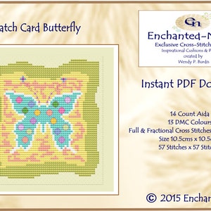 May include: A cross-stitch pattern named "Patch Card Butterfly" showing a turquoise butterfly with pink and blue spots. The design is on a yellow background, with the text "Instant PDF Download". The design measures 10.5cm x 10.5cm.