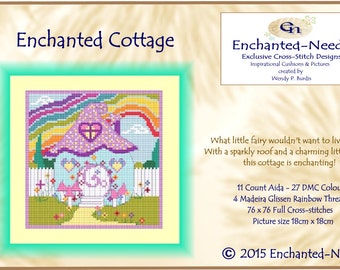 May include: Cross-stitch pattern for a cottage with a rainbow roof and a heart-shaped door. The cottage is surrounded by flowers and mushrooms. The pattern is 76 x 76 stitches and uses 27 DMC colors. The finished project will be 18 cm x 18 cm.