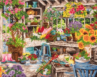 クロスステッチ完成品Together in my Fathers garden Gardners Paradise Cross Stitch Kit / Floral Garden Kit / Summer