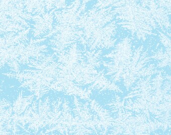 May include: A seamless pattern of white frost on a light blue background. The frost is in the shape of delicate, intricate snowflakes.