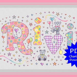 Op maat gemaakte pdf-kaart // regenboog teddy sampler / teddybeer meisjesnaam kruissteek // naamplaatje / meisjesballon gepersonaliseerde kruissteeknaam