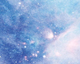 May include: Abstract watercolor painting of a galaxy with a blue, pink, and white color scheme. The painting features a variety of stars and nebulae.