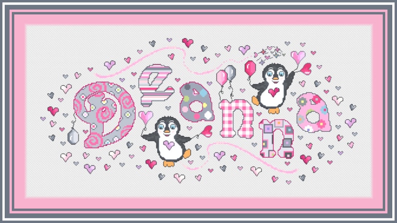 Penguin Girls Name Sampler Penguin Name Cross Stitch Name Sampler Balloons Girls Personalized Cross Stitch Name Sampler