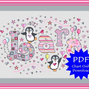 PDF op maat gemaakte pinguïnnaamtabel / merk pinguin kind / kruissteek pinguïnnaam / naambordje / meisjespinguïn gepersonaliseerde kruissteek