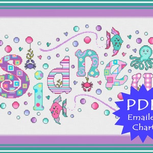 PDF op maat gemaakte grafiek / Under The Sea Girls Sampler / Fish Name Cross Stitch / Name Sampler / Octopus Girls Gepersonaliseerde Cross Stitch Naam Plaque