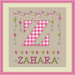 Meisjes pastel Bunting monogram//letter Z//gepersonaliseerde alfabet sampler PDF//cross stitch patroon//Instant Download//PDF-grafiek
