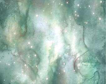 May include: Abstract watercolor background with a green and white color scheme. The background resembles a galaxy with white stars scattered throughout.