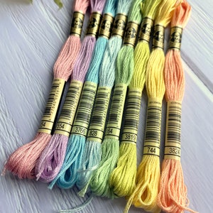May include: Eight skeins of embroidery floss in pastel colors, including pink, lavender, light blue, green, yellow, and orange. Each skein has a DMC label with a number printed on it.