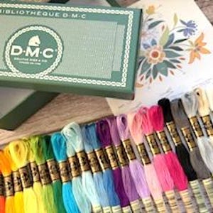May include: A selection of vibrant DMC embroidery floss skeins, arranged in a rainbow, beside a green box with the DMC logo and text. A printed floral design is in the background.