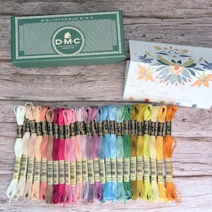 May include: A selection of DMC embroidery floss in a rainbow of colours, from white to orange. A green box labelled "BIBLIOTHEQUE D.M.C" and a card with floral designs are also visible.