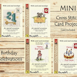 May include: Four colorful cross stitch patterns for birthday cards. Each pattern includes a card and envelope. The patterns include a key with the number 21, a dog with a sign that says "Happy Birthday", a soccer player, and a birthday cake with candles.