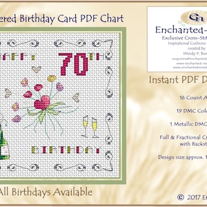 Carte d’anniversaire 70e PDF Tableau de point de croix // Modèle de point de croix // Téléchargement instantané // PDF point de croix // Carte d’anniversaire // Modèle PDF