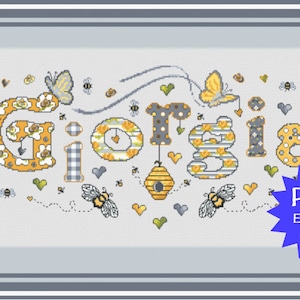 PDF op maat gemaakte Bee Name Chart / Beehive Name / Bee Name Cross Stitch / Bee Name Plaque / Girls Bee Name Cross Stitch / PDF Cross stitch Bee