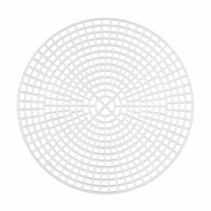 May include: White plastic circular embroidery hoop with a grid pattern. The hoop is designed for use with needlepoint, cross-stitch, or other embroidery projects.