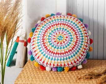 Mandala Rainbow Crochet Kit // Anchor Crochet Cushion Cover // Pom Pom Mandala Cushion / Crochet Cushion / Crochet Craft Kit / Crochet Decor