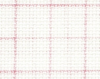 May include: White fabric with a pink and white checkered pattern. The fabric has a subtle texture.