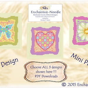 Könnte beinhalten: Drei Stickmuster zum Herunterladen: ein Schmetterling, ein Herz und eine Blume. Die Designs sind in einem Quadrat gerahmt und mit "Card Design" und "Mini Pictures" beschriftet. Der Text "Choose ALL 3 designs shown here!!! PDF Downloads" ist ebenfalls enthalten.