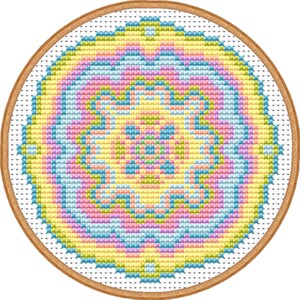 May include: A colorful circular cross-stitch pattern with a yellow, green, blue, and pink color scheme. The pattern is framed in a wooden hoop.