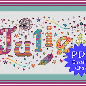 PDF op maat gemaakte dromenvanger-grafiek / Boho-veren sampler / naam veer kruissteek / naamplaatje / meisjes boho gepersonaliseerde kruissteek