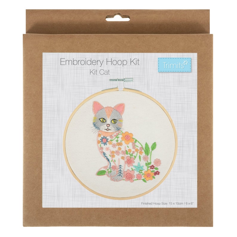 Floral Cat Embroidery Kit / Cat Embroidery Kit / White Cat Sewing kit // White Floral Cat Embroidery / Free Hoop / Flower Cat Embroidery Kit image 2