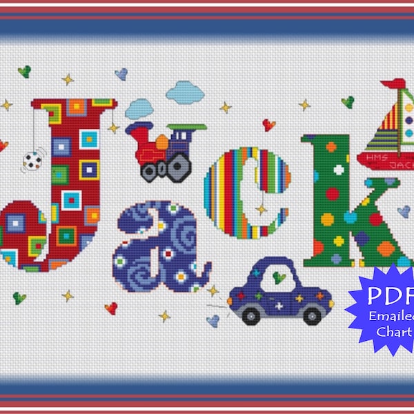 PDF Chart // Transport Boys Name / Bespoke Cross Stitch Name // Name Sampler // Boys Personalized Name Plaque // Emailed PDF Chart Only