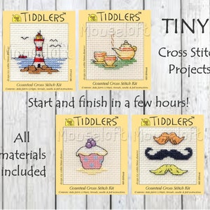 Mouseloft // Mini Kreuzstich // Cupcake Kreuzstich // Tee für Zwei// Leuchtturm // Moustache Kreuzstich // Anfänger Kreuzstich-Kits