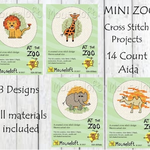 May include: Mini Zoo cross stitch project kits. Each kit includes Aida fabric, embroidery thread, needle, and instructions. The kits feature 8 designs with zoo animals, including a lion, giraffe, elephant, and camel.