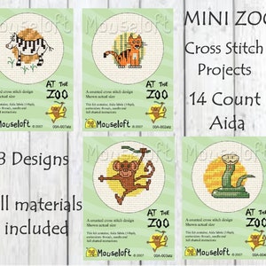May include: A set of eight mini cross stitch patterns featuring animals from the zoo. The patterns are designed for 14 count Aida fabric and include all materials needed to complete the projects. The patterns are titled "At the Zoo" and feature a zebra, tiger, monkey, snake, and other animals.